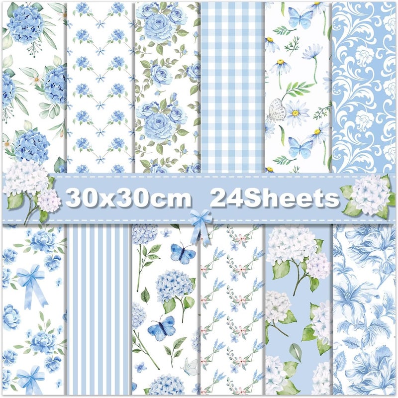 WLXTREE Blue Floral Scrapbook Paper, 24 Sheets Double Sided, Hydrangea Flowers Decorative Cardstock Patterned Paper for Card Making, Photo Album, Journal, DIY Craft - Image 1